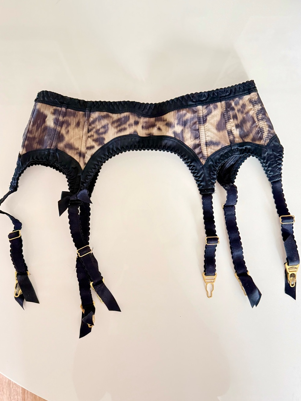 Agent Provocateur Black and Taupe Leopard Print Garter Belt